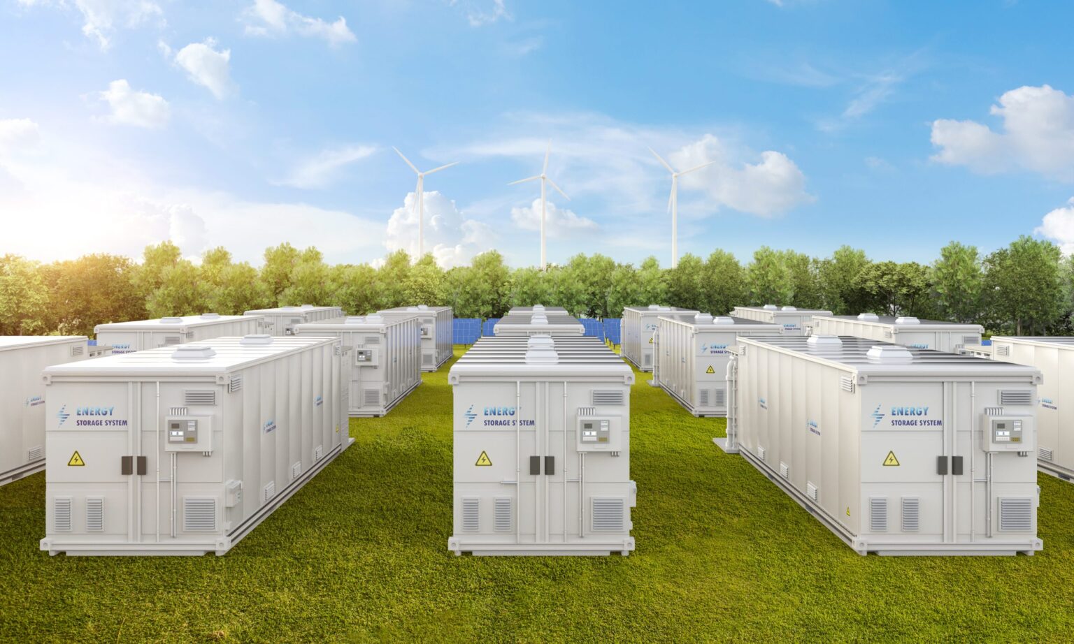 Amount of energy storage systems or battery container units with solar and turbine farm 3d rendering amount of energy storage systems or battery container units with solar and turbine farm
